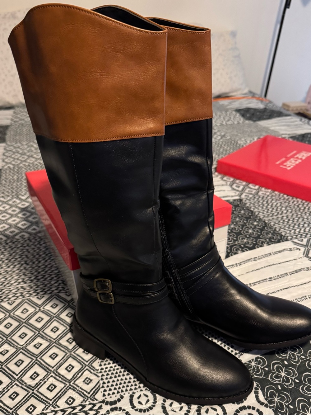 True Craft Black and Brown Fold-Top Knee-High Riding Boots
